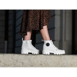 Palladium Pallabase Twill ZIP+Lace‎ Hi canvas Women shoes/Boot White Size 7 NEW